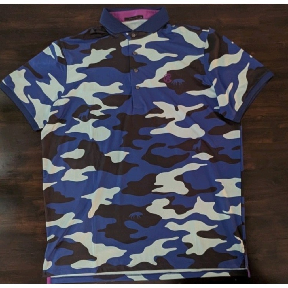 🐺⛳ NWT Greyson Golf AOP Blue Camo Performance Sport Polo Shirt Logo Men's XL